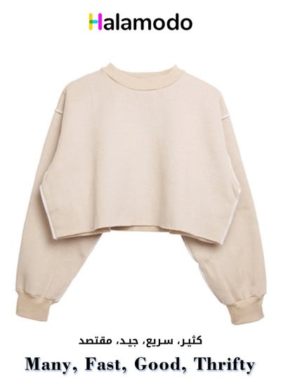 Buy Off-white Women's Spring and Autumn Short Top Loose Round Neck Short Sweatshirt in UAE