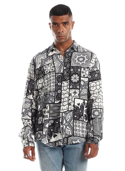 اشتري 97829 Long Sleeves Self Patterned Black & White Button Down Shirt في مصر