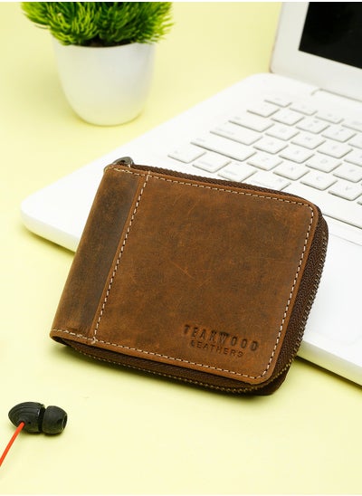 Buy Genuine Leather RFID Solid Zip Around Brown Wallet for Men in UAE