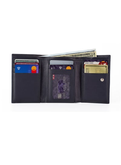 Buy Trifold  Wallet for Men 100%  Leather RFID Protection with ID Window Blue in UAE