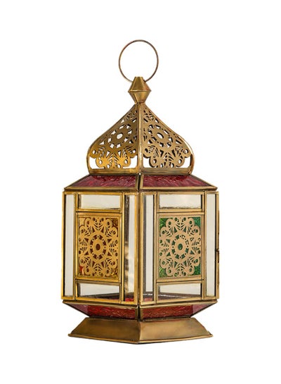 Buy HilalFul Vintage Brass Antique Red, Green And Clear Glass Decorative Candle Holder Lantern | For Home Decor in Eid, Ramadan, Wedding | Living Room, Bedroom, Indoor, Outdoor Decoration | Moroccan in UAE