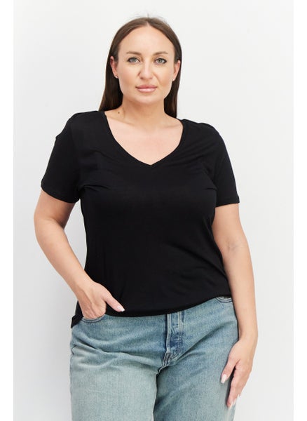 Buy Women 2 Pieces V-Neck Short Sleeve T Shirt, Black in UAE