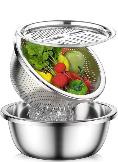 Buy 3 Piece Multifunctional Stainless Steel Kitchen Grater Set, Can Wash Vegetables And Drain, Can Be Grated And Sliced in UAE