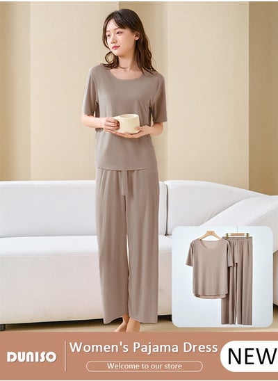 Buy Women's Pajama Set, Summer Round Comfortable Neck Short Sleeve and Waist Elastic Pants, Lightweight Breathable Ice Silk Loungewear, Casual Pajama Suit for Women Girls Ladies in UAE