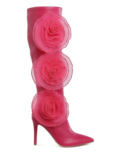 Buy Sheer Big Rose Detail Long Boots in Fuchsia in UAE