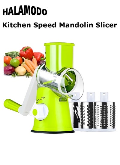 Buy Rotary Cheese Grater Hand Crank with 3 Blades Kitchen Shredder Speed Mandolin Slicer Nut Grinder with Handle and Drum Blades for Cheese, Vegetable, Walnut, Chocolate, Potato, Carrot in Saudi Arabia