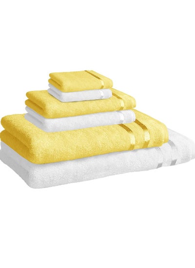 اشتري 450 GSM Towel set 100% Cotton Ultra Soft, Super Absorbent, Antibacterial Treatment,terry-looped (White ad Yellow Set of 6) في الامارات