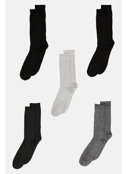 Buy Men 5 Pairs Ribbed Crew Socks, Black/Grey in UAE