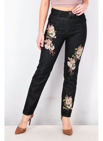 Buy Women Regular Fit Embroidered Floral Non Stretch Denim, Black in Saudi Arabia