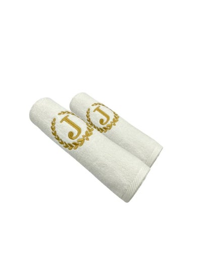 Buy Embroidered For You (White) Luxury Monogrammed Towels (Set of 1 Hand & 1 Bath Towel) 100% cotton, Highly Absorbent and Quick dry, Classic Hotel and Spa Quality Bath Linen-600 Gsm (Golden Letter J) in UAE