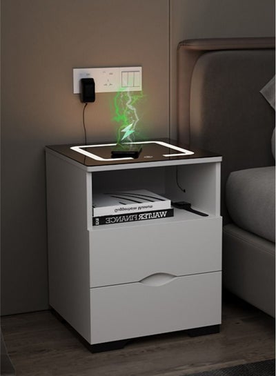 Buy Smart Nightstand with 15W Wireless Charging 3 Levels Adjustable LED Lights And USB Ports Tempered Glass Top and 2 Drawers For Bedroom in Saudi Arabia