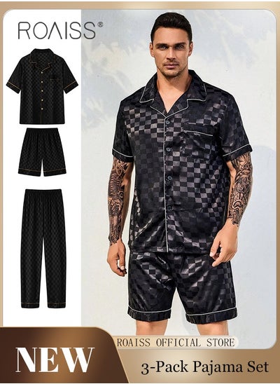 Buy 3-Piece Set Men's Short Sleeves Pajamas Pants Trousers Sleepwear Sets Satin Grid Printing Silk Nightgown Male Loose Shirts Spring Summer Loungewear Home Clothes Black in UAE