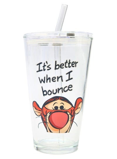 Buy 350ml label printed glass cup with tight plastic lid and straw in Egypt
