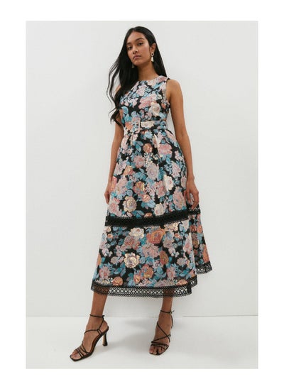 Buy Trim Detail Jacquard Belted Midi Dress in UAE