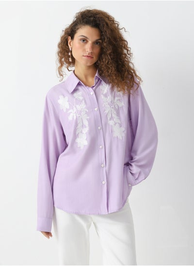 Buy Women's Viscose Floral embroidery blouse with pearls buttons Stretch Pink in UAE