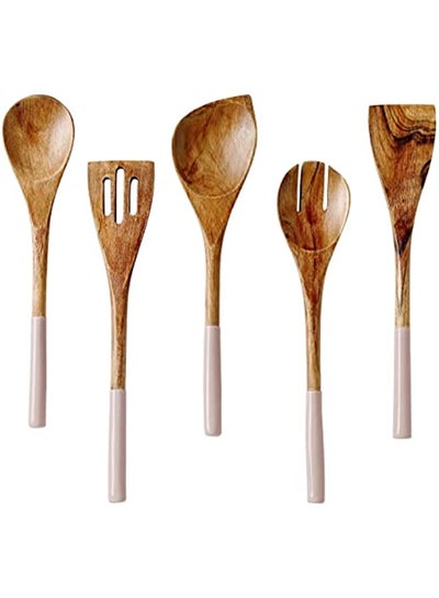 Buy Wooden Cooking Utensils Set for Kitchen, Non Stick Cookware Tools Includes Wooden Spoon for Cooking, Spatula, Fork, Slotted Turner, Corner Spoon, Set of 5 - 12 Inches Long, Acacia Wood, Blush Pink in Saudi Arabia