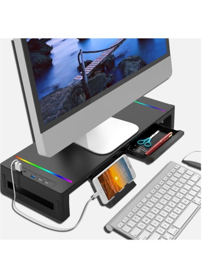 اشتري RGB Monitor Stand Riser Laptop Holder with 4 USB Hubs Storage Drawer and Phone Holder for Office Work في السعودية