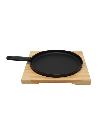 Buy 20cm Round Cast Iron Skillet With Side Handle And Wooden Base | Roasting Pan for Cooking And Grilling | Oven Safe Cast Iron Pan in Saudi Arabia