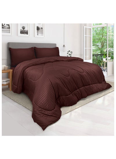 اشتري Down Alternative Comforter  Set -Ultra Soft Brushed Stripe Microfiber Fabric, 200GSM Soft Fibersheet Filling, Size :Single 160 x 200cm , Color: Chocolate في الامارات