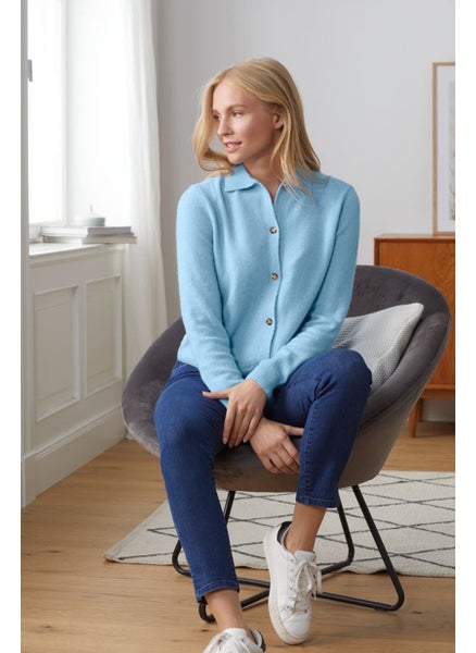 Buy Women Plain Button Front Long Sleeve Cardigan, Light Blue in UAE