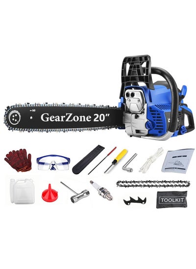 Buy 20Inch Handheld High Powered Gasoline/Petrol Chainsaw, Including 2 Saw Chains and Other Accessories For Cutting Trees, Wood, & Logs-Blue Color in Saudi Arabia