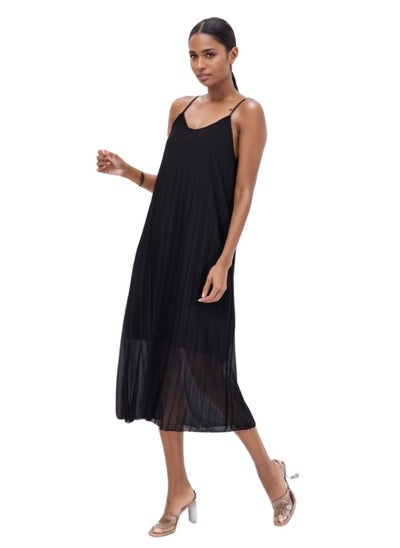 اشتري Spaghetti Strap Pleated Midi Dress - Black في الامارات