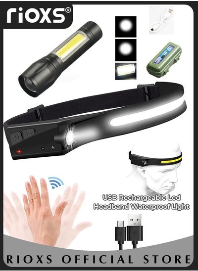 اشتري USB Rechargeable Led Headband Waterproof Light Strap Mini Flashlight Perfect for Camping Hiking Outdoor Hunting Running في السعودية