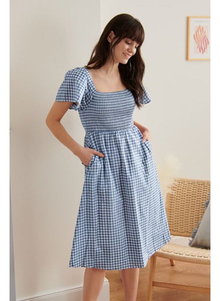 Buy Women Gingham Square Neckline Short Sleeve Mini Dress, Blue and White in UAE