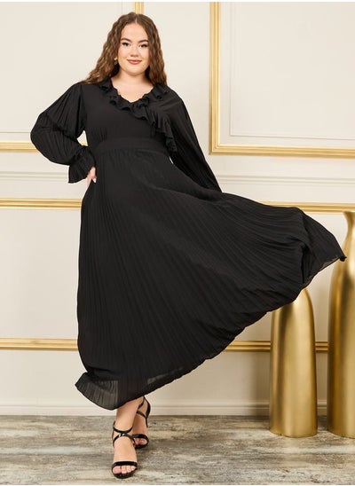 Buy Plus Ruffle Trim Pleated Detail A-Line Maxi Dress in Saudi Arabia