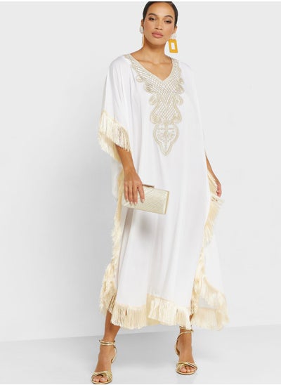 Buy Embellished Cape Sleeve Fringe Detail Dress in Saudi Arabia