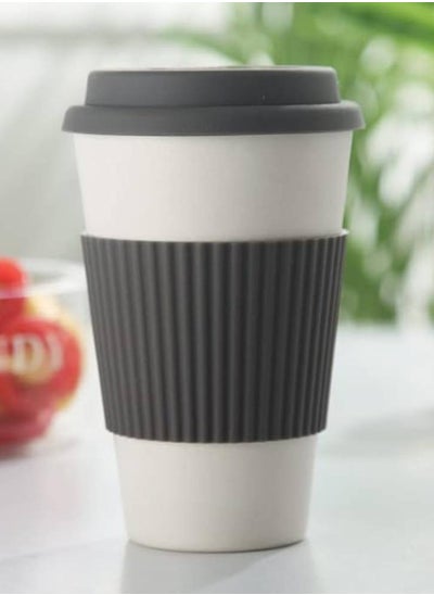 اشتري Eco-Friendly Bamboo Fiber Reusable Coffee Cup with Lid & Silicone Grip for Travel To Go, Sustainable Organic Bamboo Fiber BPA Free Dishwasher and Microwave Safe Portable Eco Cup, 13-Ounce (Plain/Grey) في الامارات