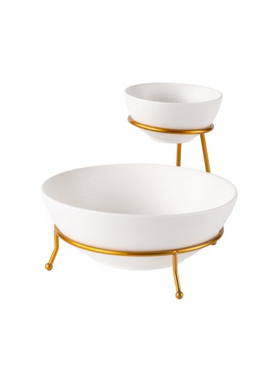 Buy Shallow Porcelain Chip & Dip Bowl Set with Gold Stand Rack - 12cm and 24cm in UAE