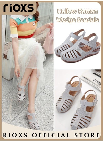 Buy Women's Hollow Roman Wedge Sandals Round Open Toe Sandals Summer Comfortable Buckle Sandals in Saudi Arabia