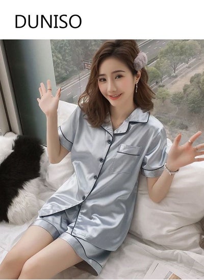 اشتري Women's Soft Pajamas Set Silky Sleepwear 2 Piece Short sleeve Pajama Set Sleepwear Loungewear Button-Down Pajama Sets L في الامارات