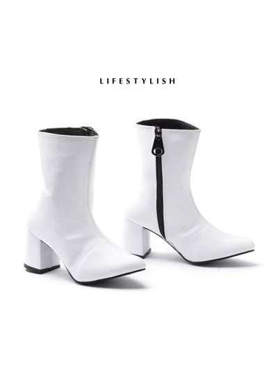 Buy Lifestylesh L-100 Boot heel leather by zippers stylish - White in Egypt
