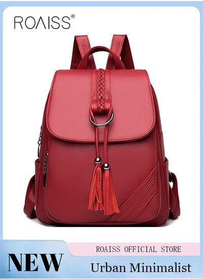 Buy Fashion Tassel Decor Flap Textured Backpack Leisure PU Leather Large Schoolbag Soild Travel New Double Shoulder Bag for Womens College Girls Students in UAE