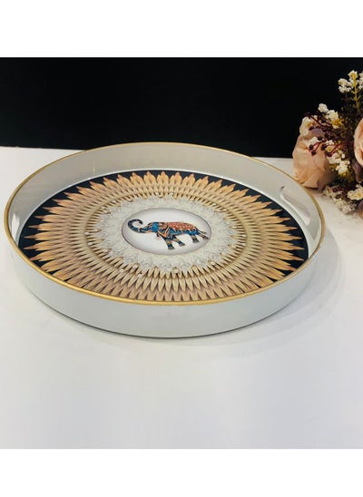 Buy Creative Round Elephant Floor Serving Tray With Handles White/Dark Brown/Gold in Saudi Arabia