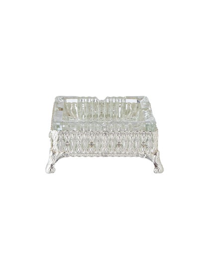 Buy Square Glass Ashtray with Metal Base Silver Color Decorated Size 12*12 cm in Saudi Arabia