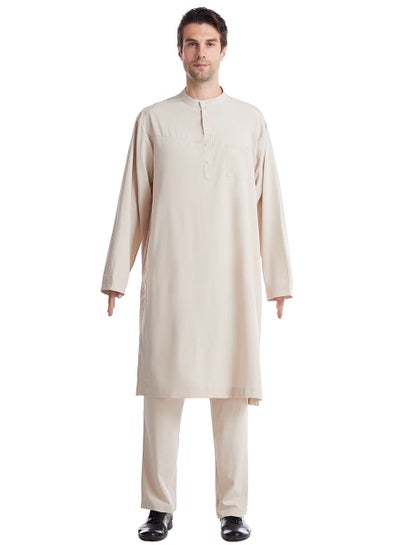 Buy Men's Solid Color Round Neck Long Sleeve Abaya Robe Set Islamic Arabic Casual Kaftan Set Beige in Saudi Arabia