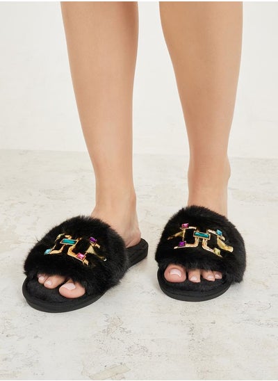 Buy Embellished Chunky Metal Trim Faux Fur Bedroom Slippers in Saudi Arabia