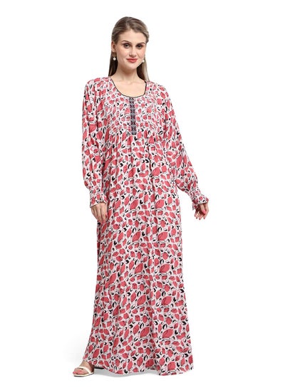 Buy MULTICOLOUR PRINTED SMOCKED DESIGN CASUAL ARABIC KAFTAN JALABIYA DRESS in Saudi Arabia