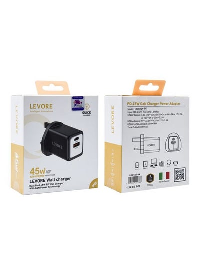 Buy Levore Wall Charger Super Fast With GaN USB-C Port and USB Port 45W - Black in Saudi Arabia