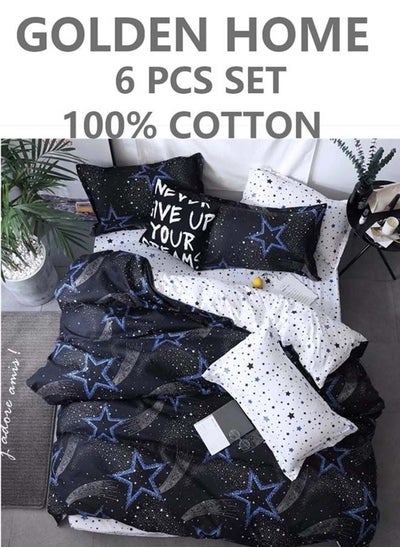 Buy 6-Piece Single Size Cotton Printed Combination Duvet Cover Set Includes 1xFitted Bedsheet 120x200+30cm, 1xDuvet/Bed Cover 160x210 cm, 2xPillowcase 55x80cm, 2xCushion Case 45x70cm Multicolour in UAE