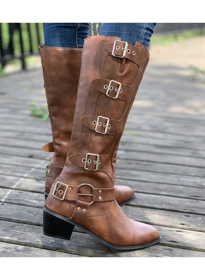 اشتري Women's Solid Color Boots, Slip On Point Toe Chunky Heel Buckle Decor Western Mid Calf Shoes, Versatile Cowboy Shoes في الامارات