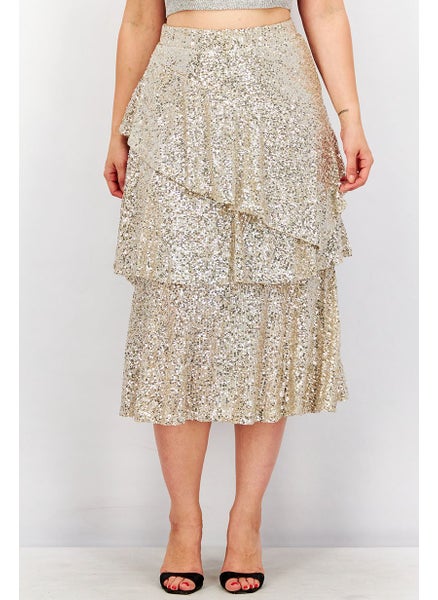 اشتري Women Regular Fit Sequin Midi Skirt, Silver and Beige في الامارات