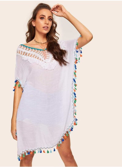 Buy Tie Back Tassel Detail Crochet Yoke Cover Up in UAE