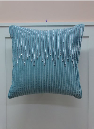 Buy Gleam Cotton Velvet Cushion Decorative Sofa Throw Pillow Covers Luxury Style Cushion Case Pillow With Moti Hand Work Light Blue 45X45Cm in UAE