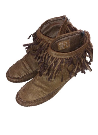 Buy Women ankle suede camel fringed flat half boots in Egypt