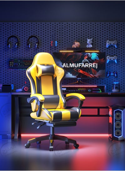 Buy Gaming Chair Adjustable Computer Chair PC Office PU Leather High Back Lumbar Support Comfortable Armrest Headrest  Yellow/ Black in Saudi Arabia