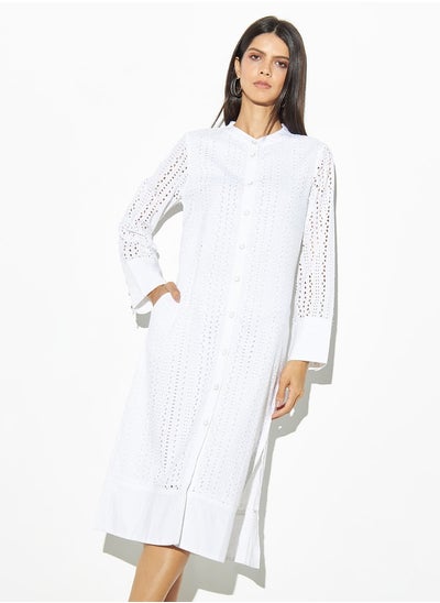 Buy Iconic Schiffli Shirt Dress with Pockets and Slit Detail in Saudi Arabia